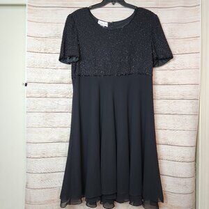 VINTAGE Laurence Kazar Dress Women's 2X Black Beaded Sequin A Line Evening Midi